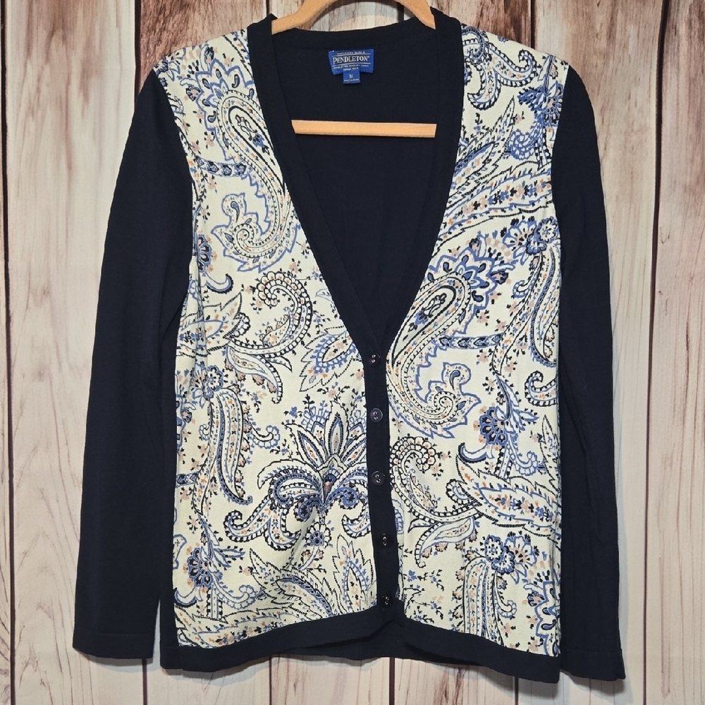 Pendleton Navy And Cream Paisley Cardigan Womens Medium